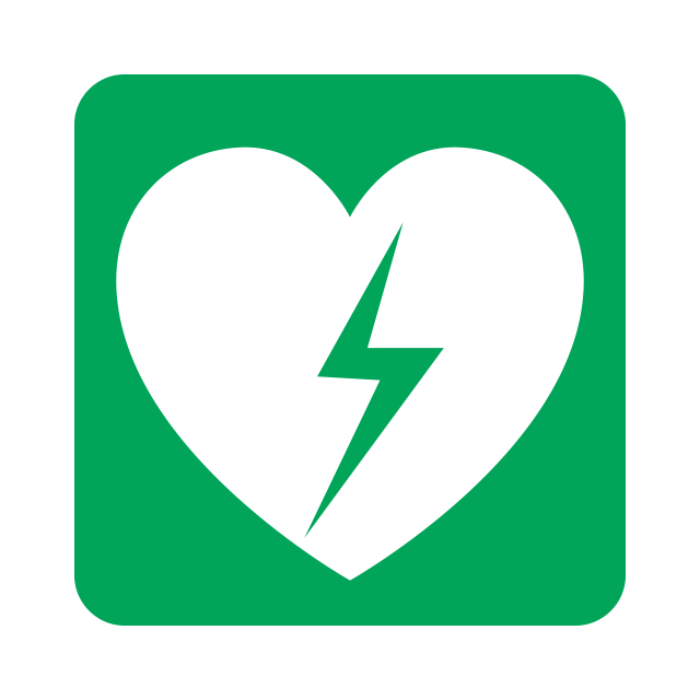 grön och vit symbol för hjärtstartare