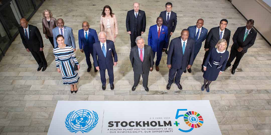 deltagare under FN mötet Stockholm+50. på bild syns bland annat kronprinsessan Victoria, kung Carl XVI Gustaf, dåvarande statsminister Magdalena Andersson samt FN:s generalsekreterare António Guterres.