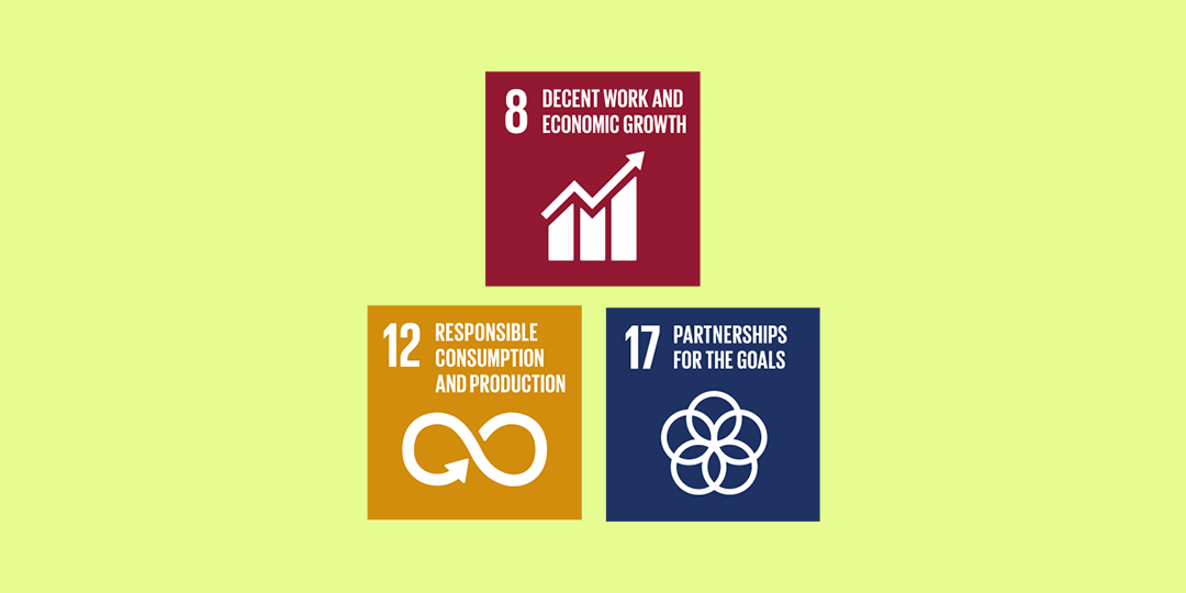 Icons for Global Goals 8, 12 and 17 guiding the event’s sustainability efforts.