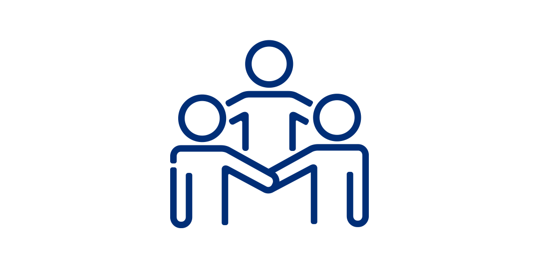 A dark blue icon depicting three stylised people standing close together, symbolising togetherness.