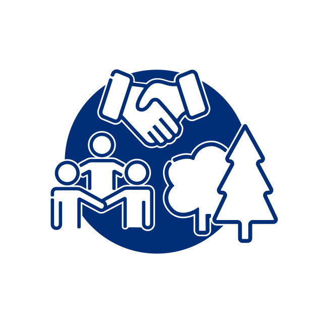 An illustration with people, trees, and a handshake symbolizing sustainability.